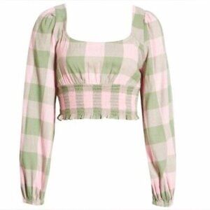 BP. Dreamy Smocked Long Sleeve Crop Top Buffalo Check Pink Green Boho Festival M